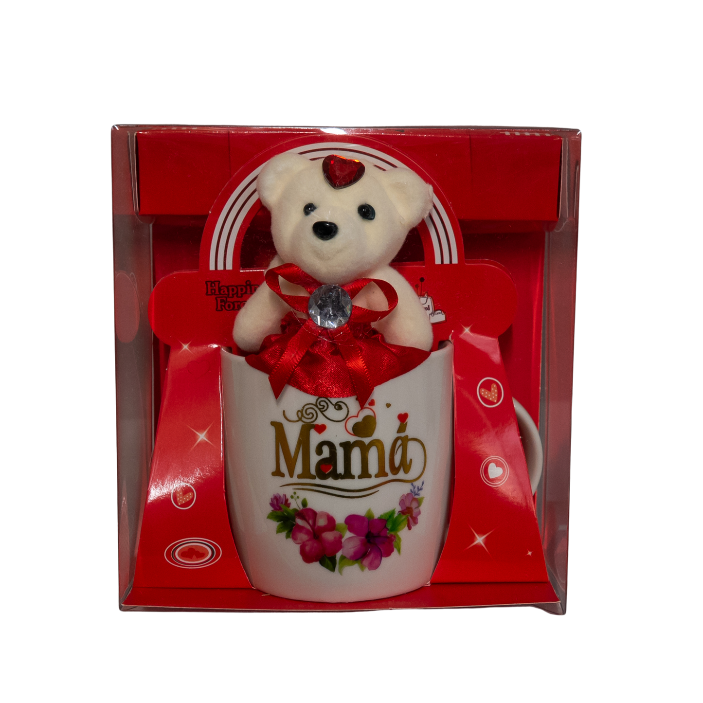 Teddybär im Becher mit der Aufschrift „Mom“ und Hibiskusblüten 350 ml