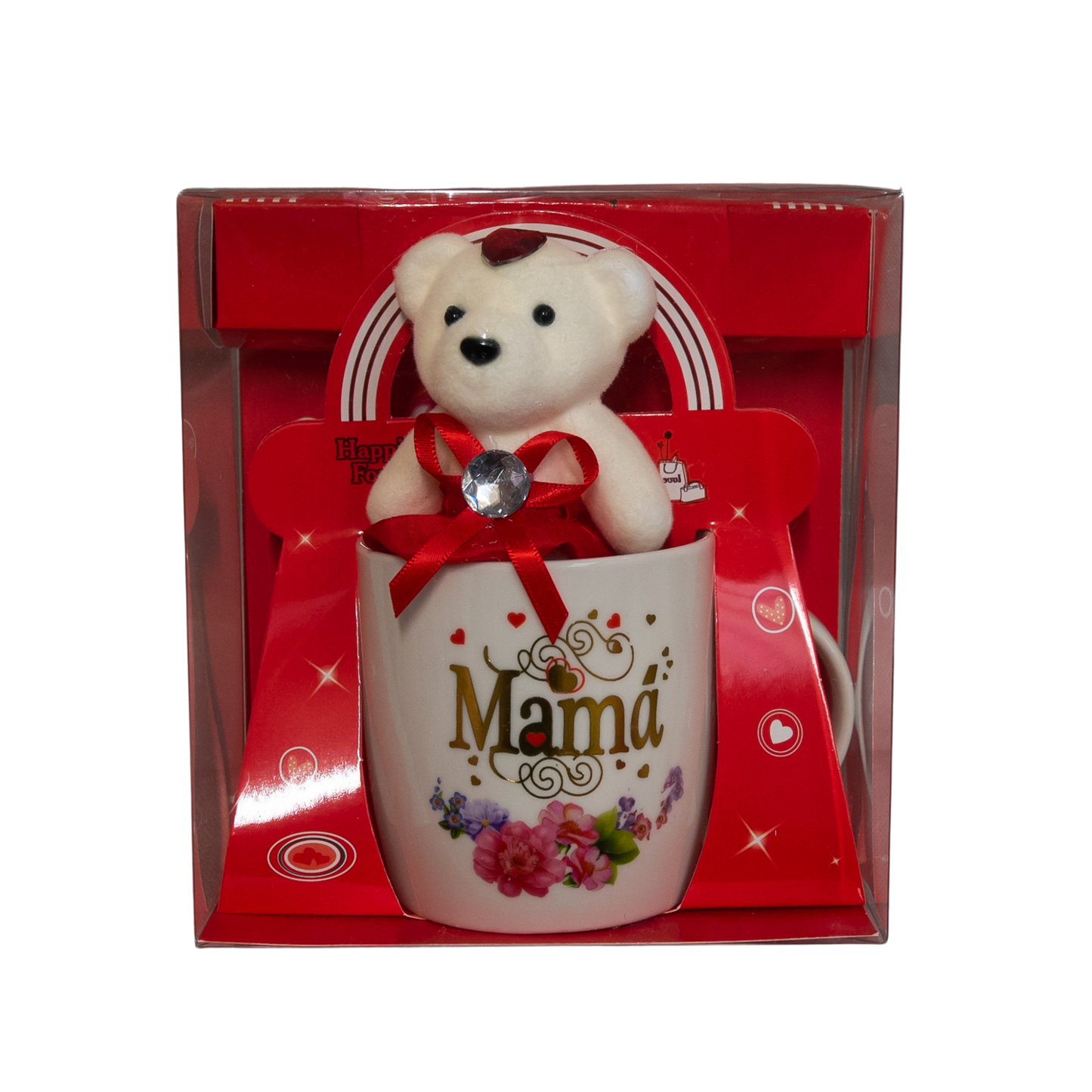 Osito de peluche en taza con mensaje de mamá y flores rosas y moradas