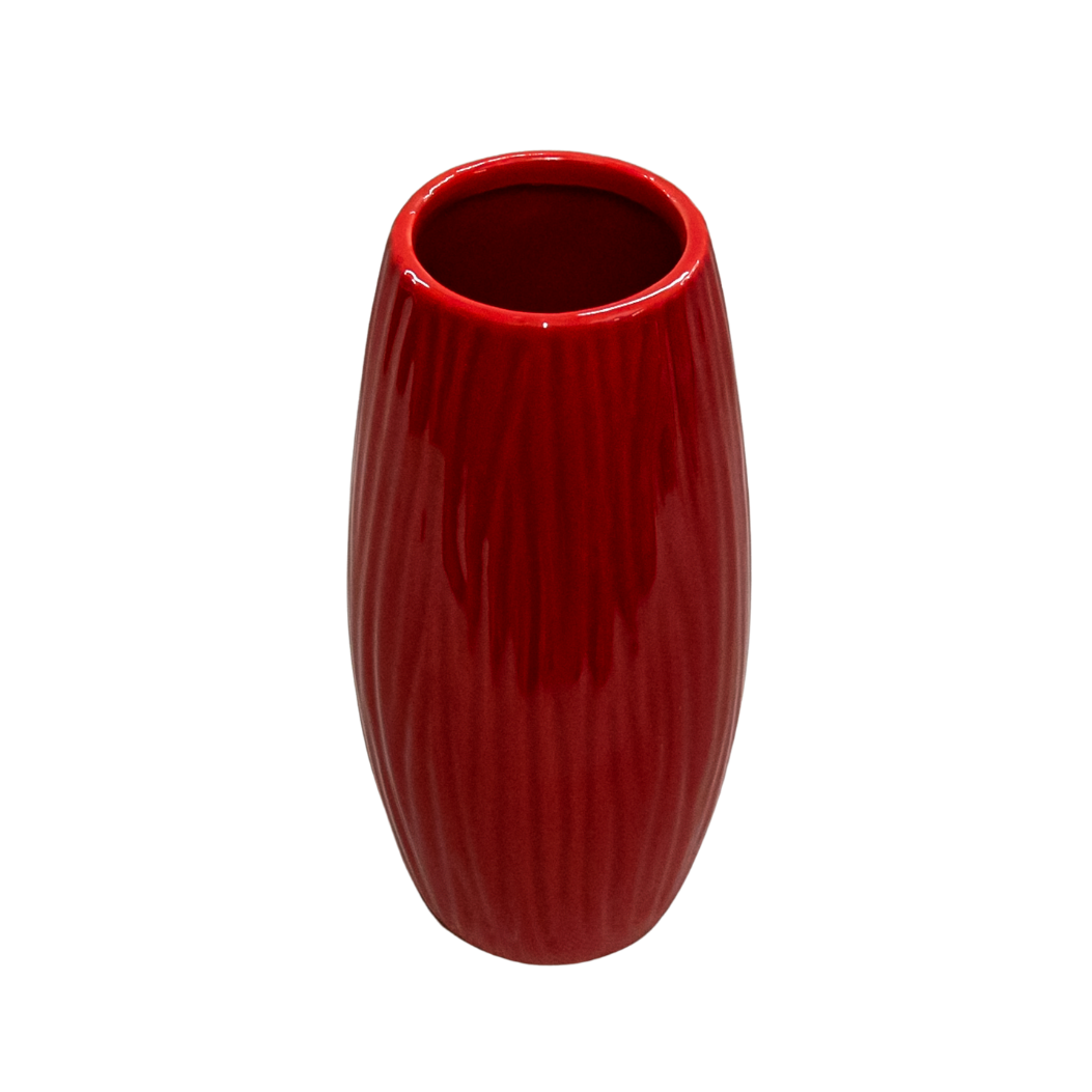 Red ceramic vase with tree bark pattern, 17x7 cm