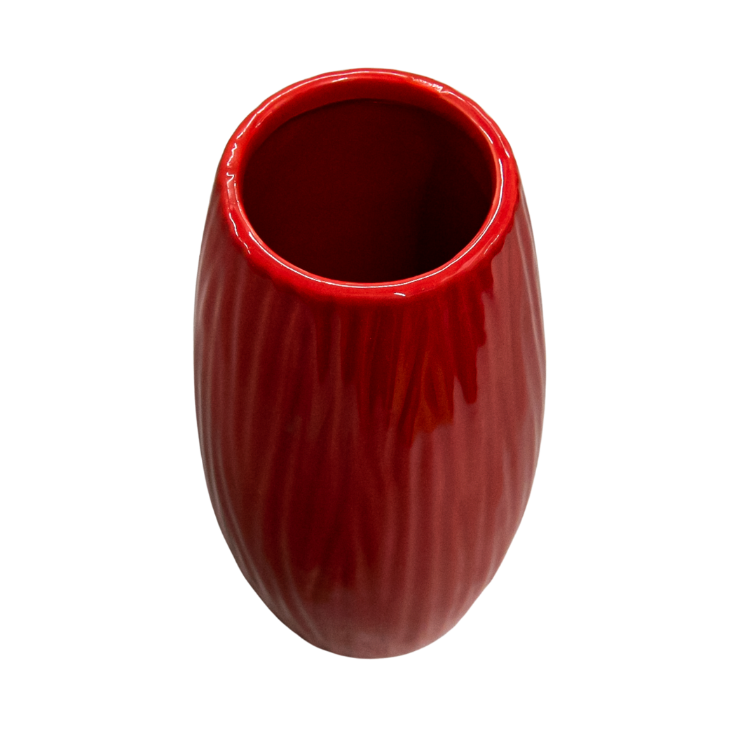 Red ceramic vase with tree bark pattern, 17x7 cm