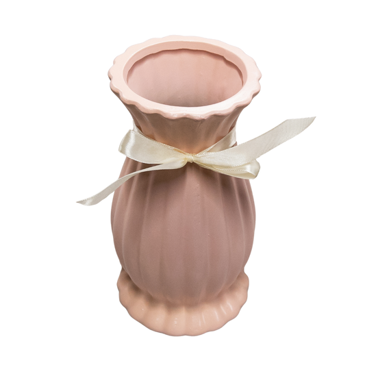 Pink clay vase with cream bow, 21x11 cm