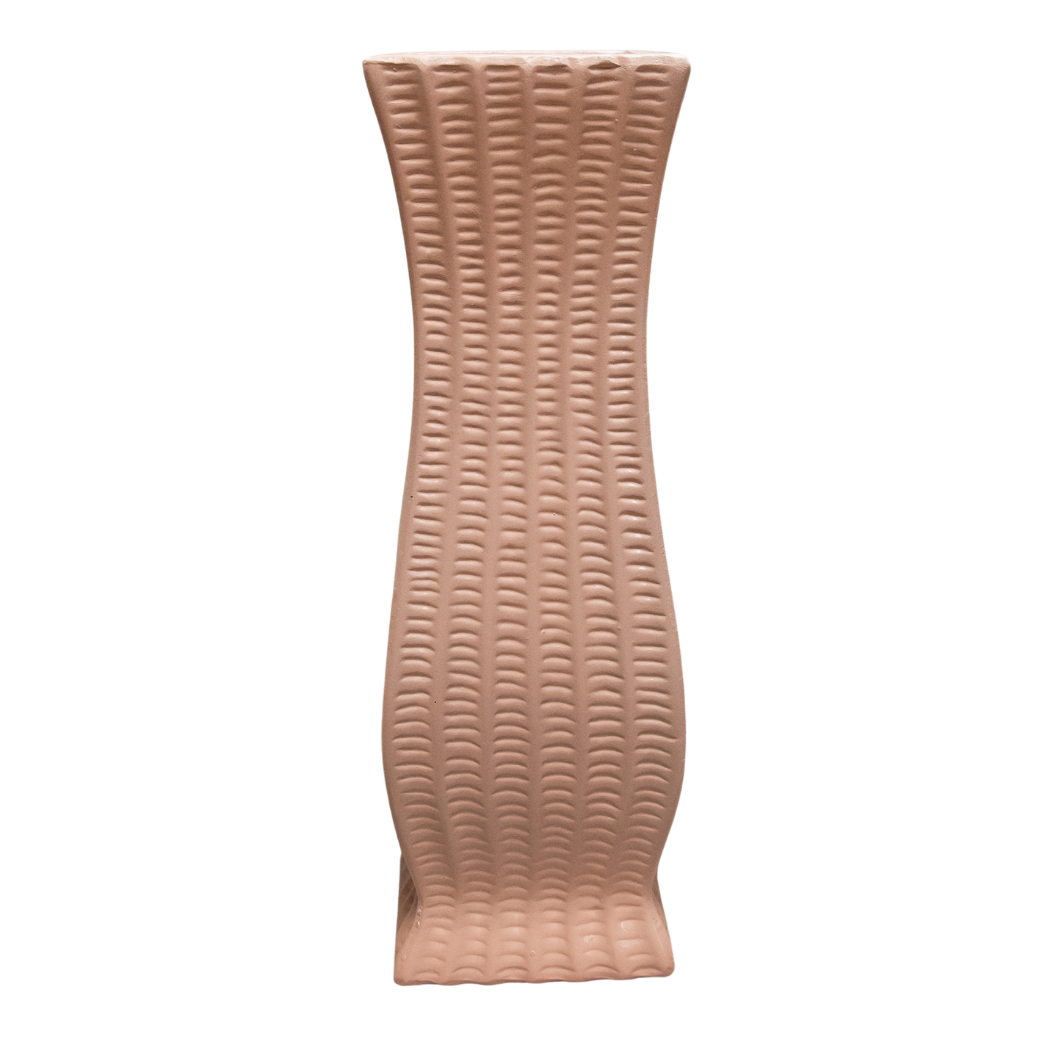 Pink clay vase, with braided sticks pattern, 31x10x10 cm