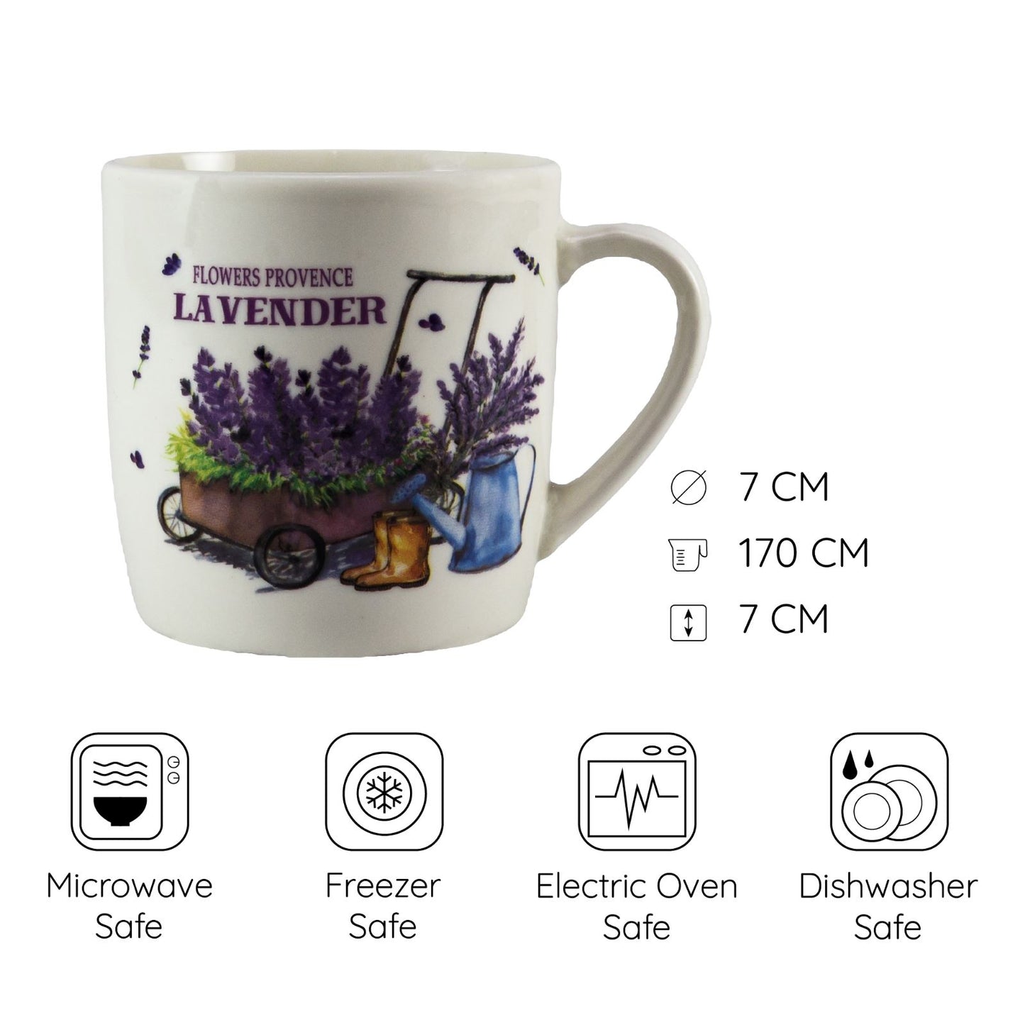 Tazza da 170 ml, bianca con disegno del carretto color lavanda