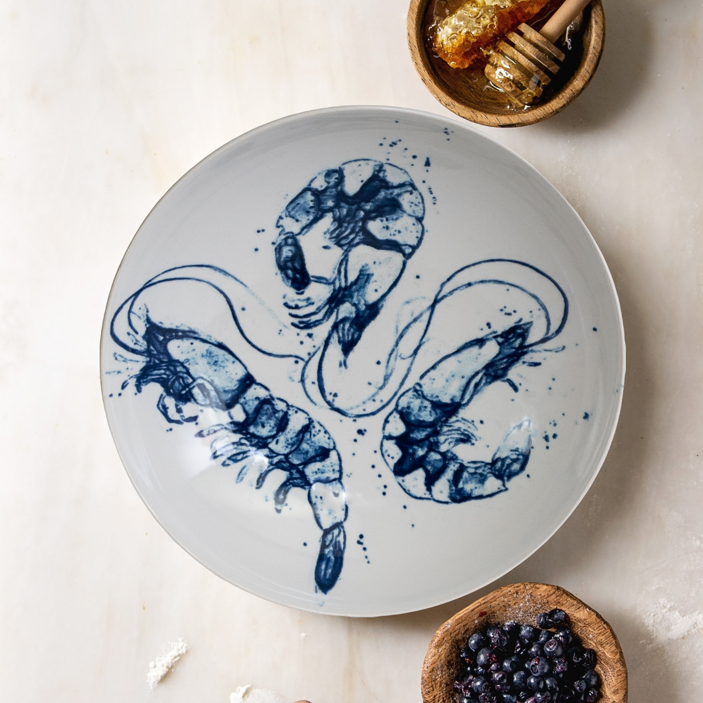 Plate set 16 pieces, for 4 people, Marine Blue, Cesiro, White with shrimps