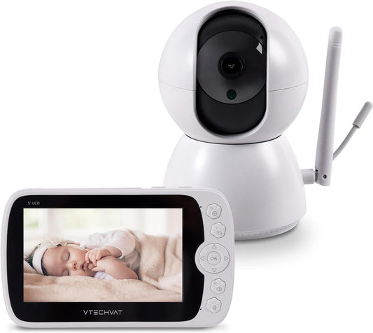 Vtechvat 5" 1080P LCD Baby Monitor with Camera and Audio Wireless Baby Camera with Night Vision, VOX, Alarm Clock, Room Temperature, Lullaby, Pan Tilt