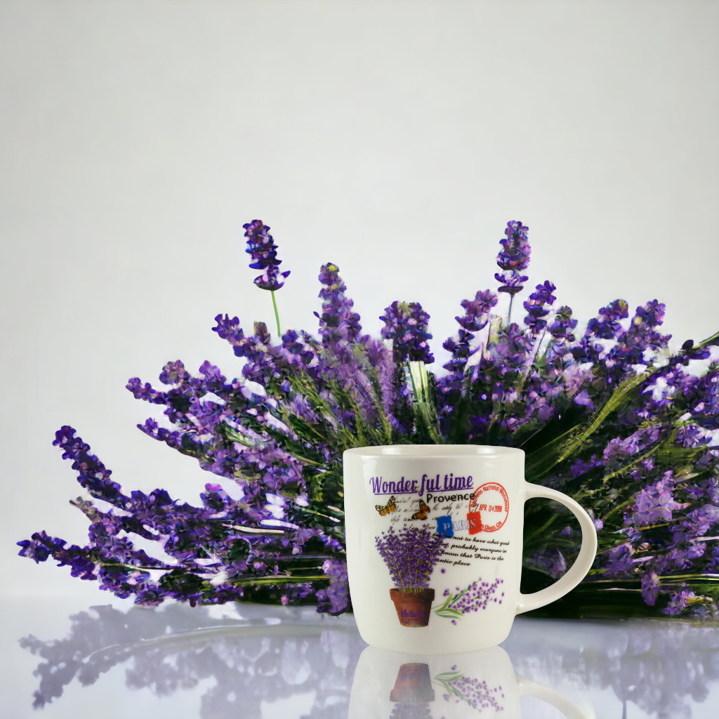 Tazza con piattino e cucchiaino, 350 ml, bianca con motivo vaso di lavanda