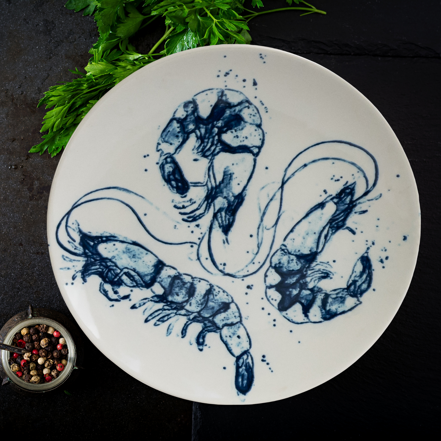 Plate set 12 pieces, for 4 people, Alastru Marin, Cesiro, White with shrimps