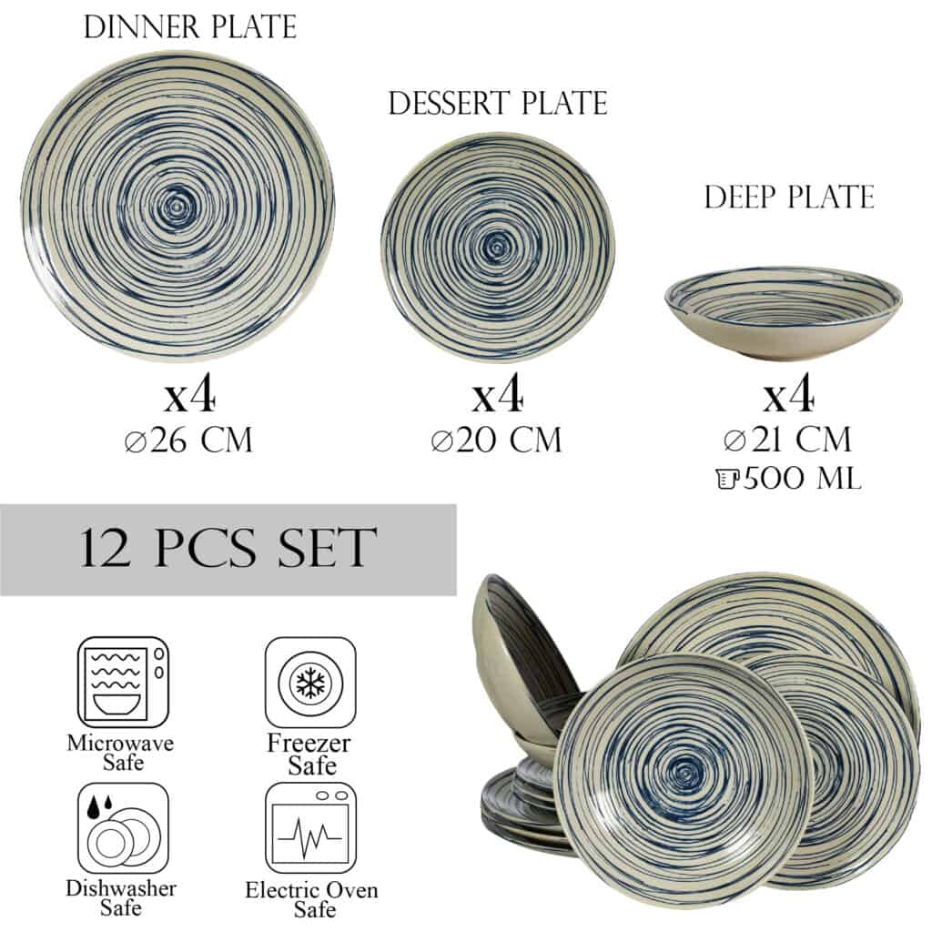 Tellerset 12-teilig, für 4 Personen, Maritim, Cesiro, Elfenbeinweiß mit Blau
