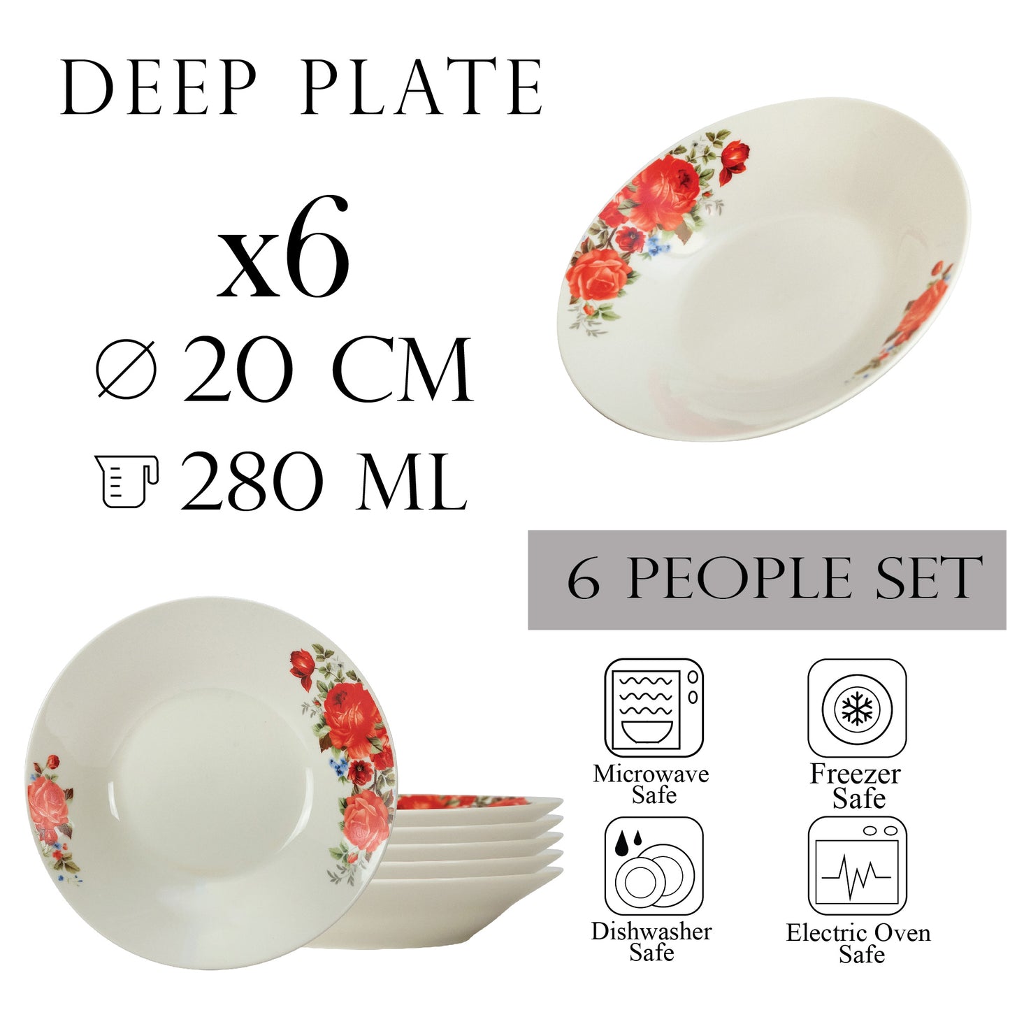 Set mit 6 tiefen Tellern 20 cm x 280 ml, für 6 Personen, Ivoire mit roter Rose