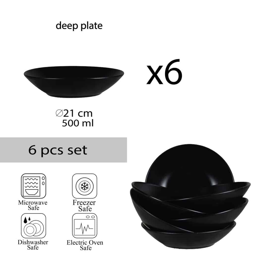 Set of 6 deep plates, 21 cm, Matt Black