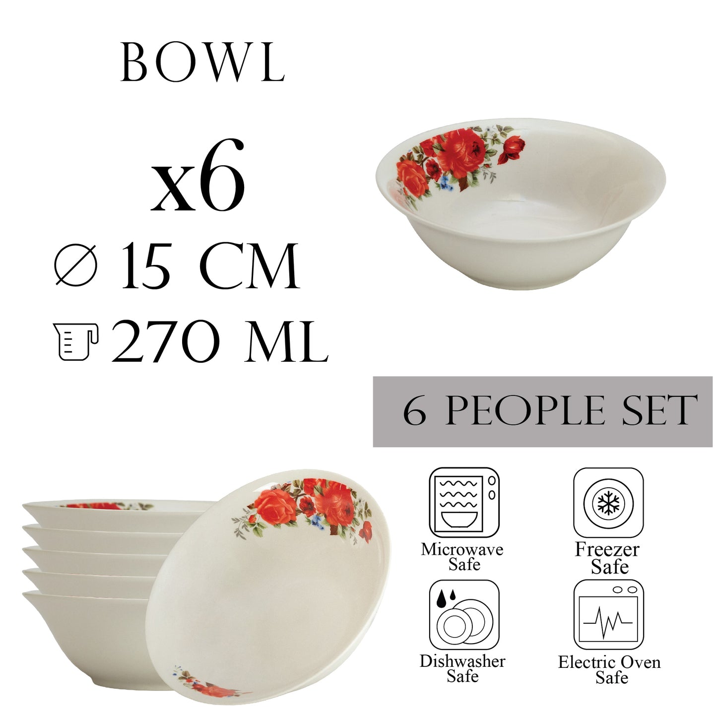 Juego de 6 cuencos 15 cm x 270 ml, para 6 personas, Porcelana Cesiro, Marfil con rosa roja