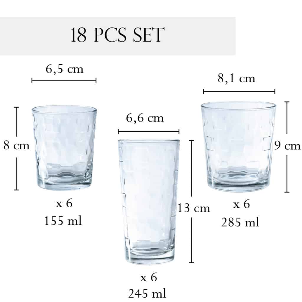 Set di 18 bicchieri 155 ml, 245 ml, 285 ml, Trasparenti