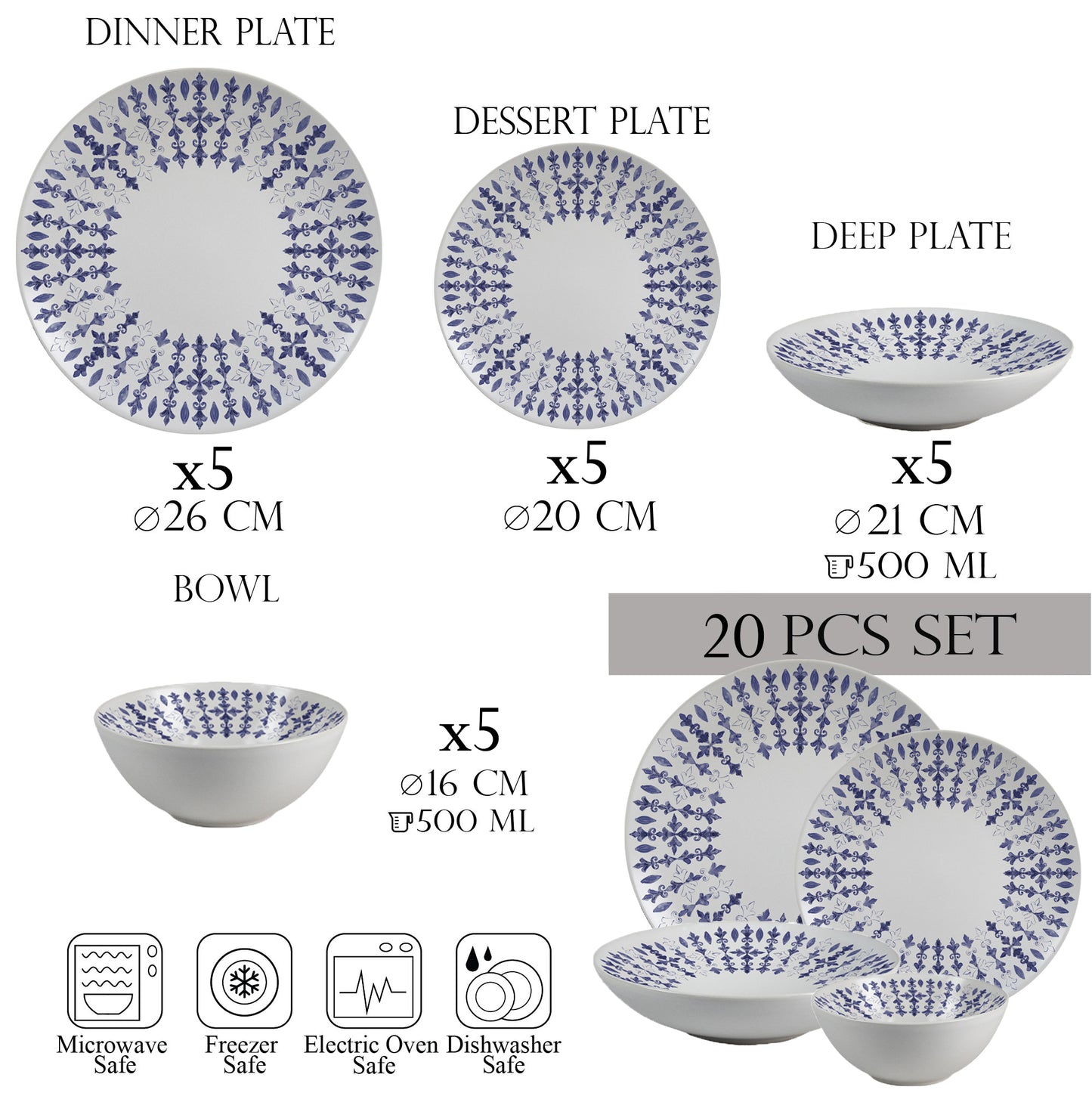 Set farfurii 20 piese, 5 persoane - Insieme Blu Elegante - Set Veselă Italiană Porțelan