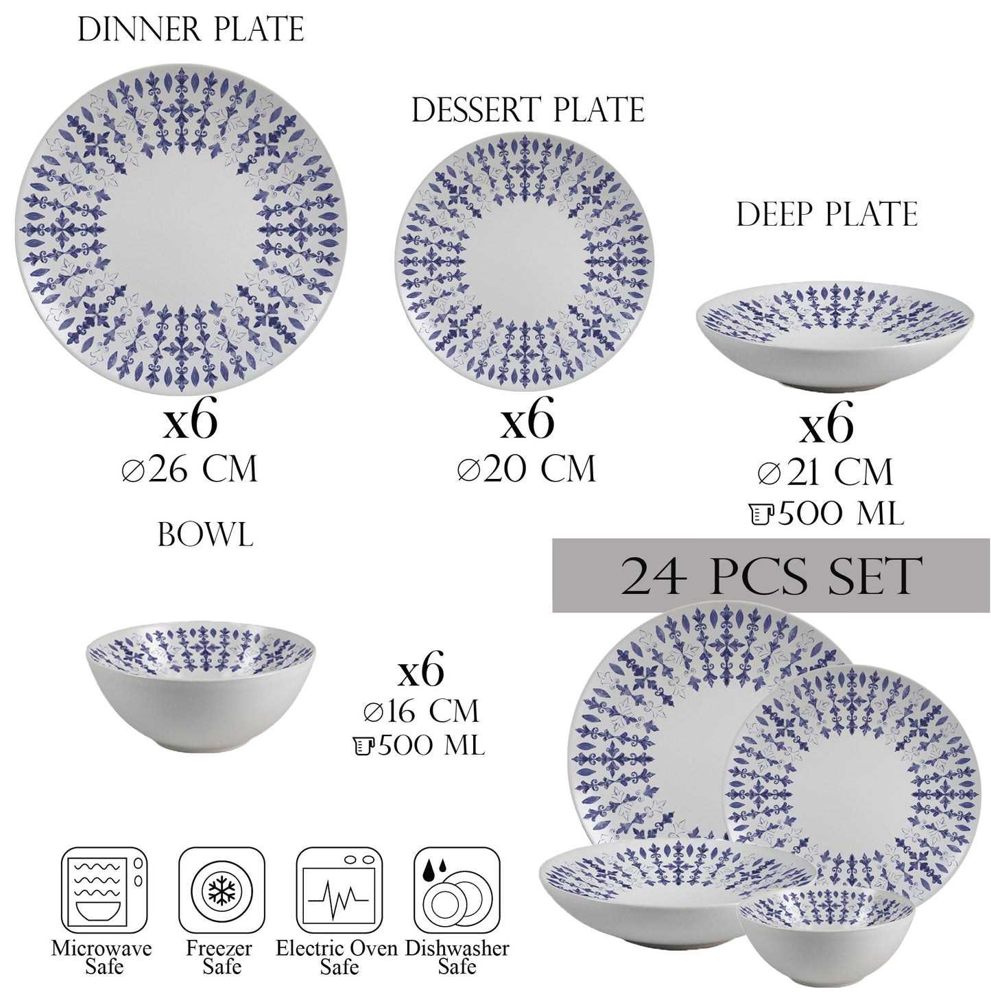 Tányérkészlet 24 részes, 6 személyes - Insieme Blu Elegante - Olasz porcelán étkészlet