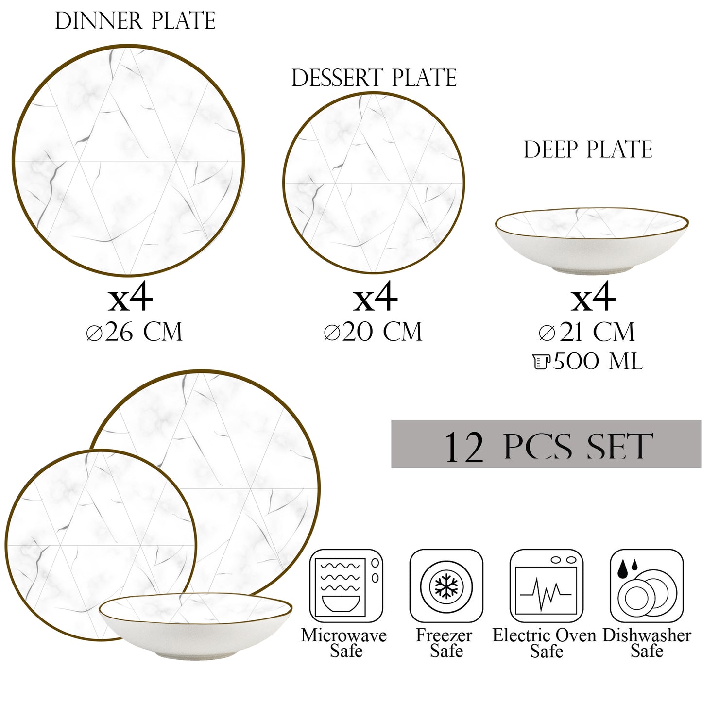 Plate set 12 pieces, 4 people, set with deep plate - Ensemble Marmura Aurea - Italian Porcelain Tableware Set