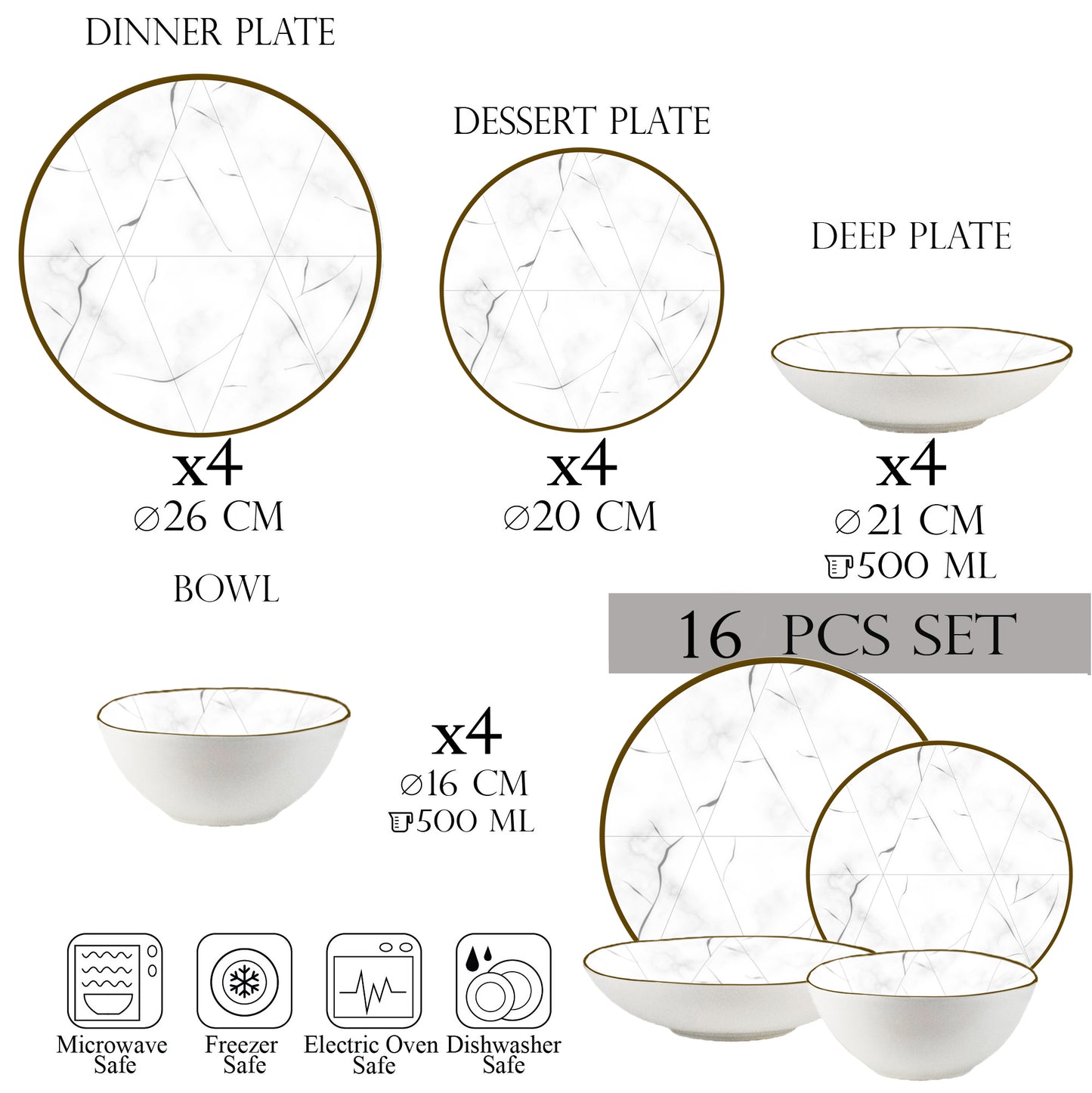 Juego de platos 16 piezas, 4 personas - Aurea Marble Ensemble - Vajilla de Porcelana Italiana