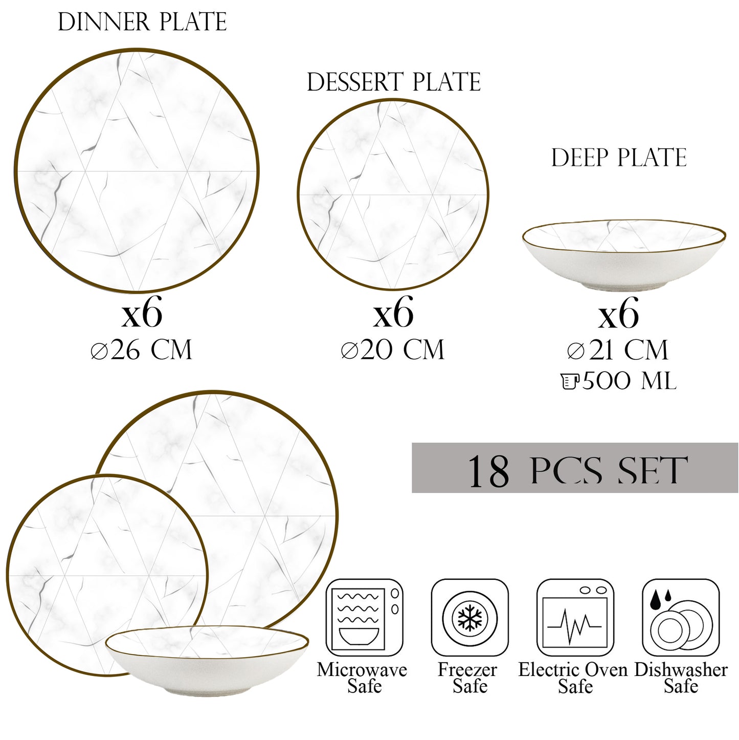 Tányérkészlet 18 részes, 6 személyes, mélytányérral - Ensemble Marmura Aurea - Olasz porcelán étkészlet