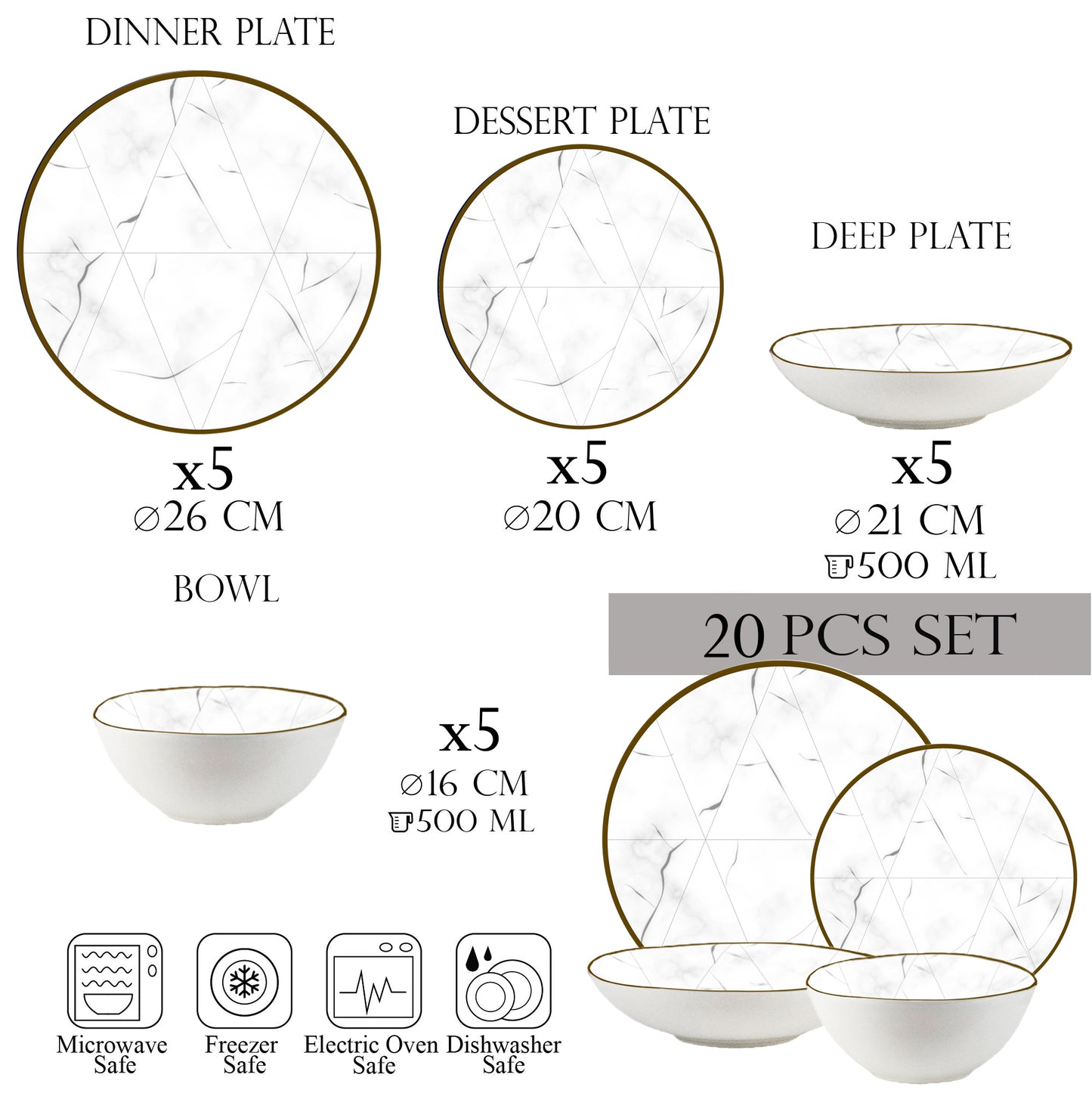 Set farfurii 20 piese, 5 persoane - Ensemble Marmura Aurea - Set Veselă Italiană Porțelan