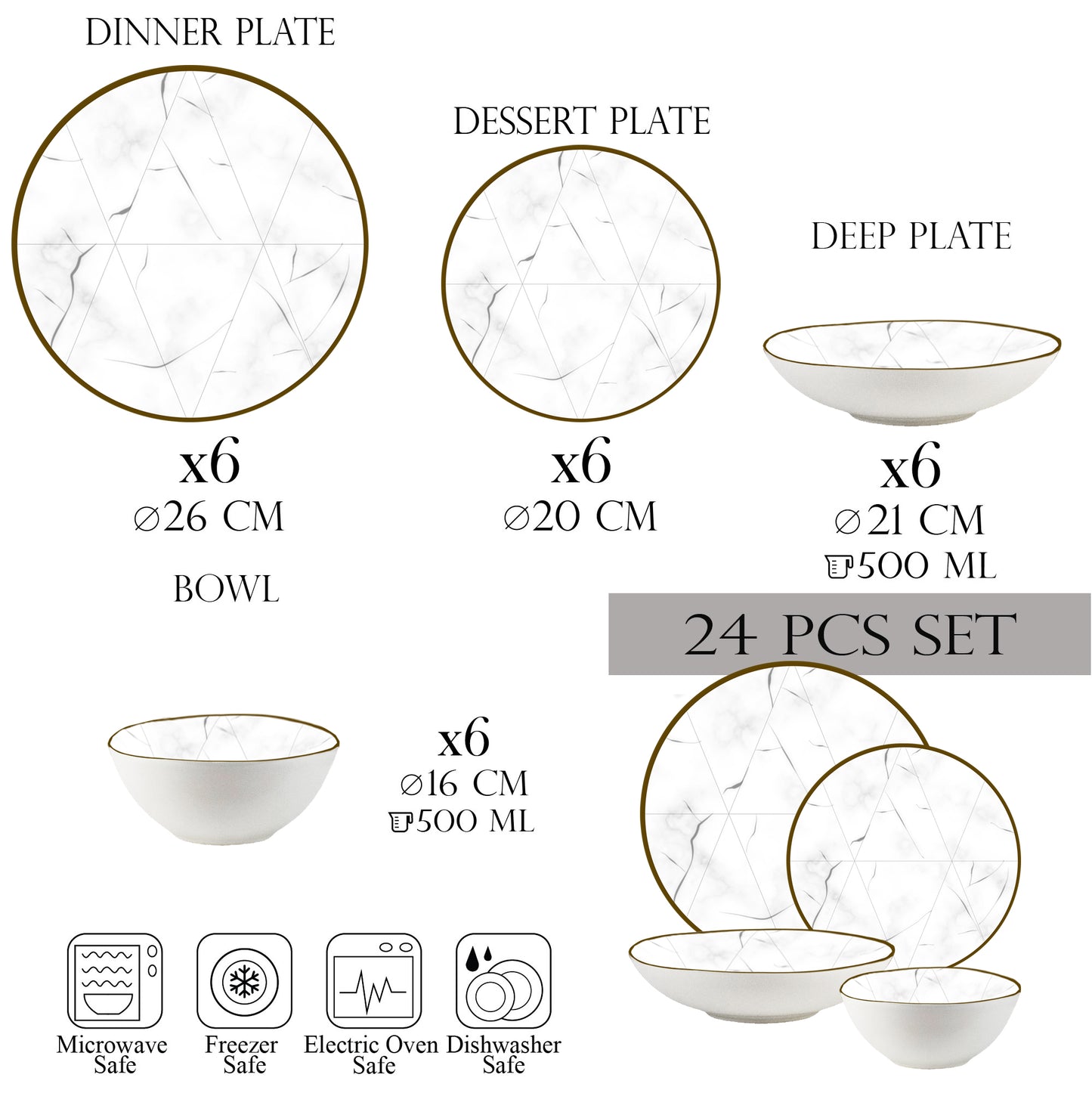 Plate set 24 pieces, 6 people - Aurea Marble Ensemble - Italian Porcelain Tableware Set