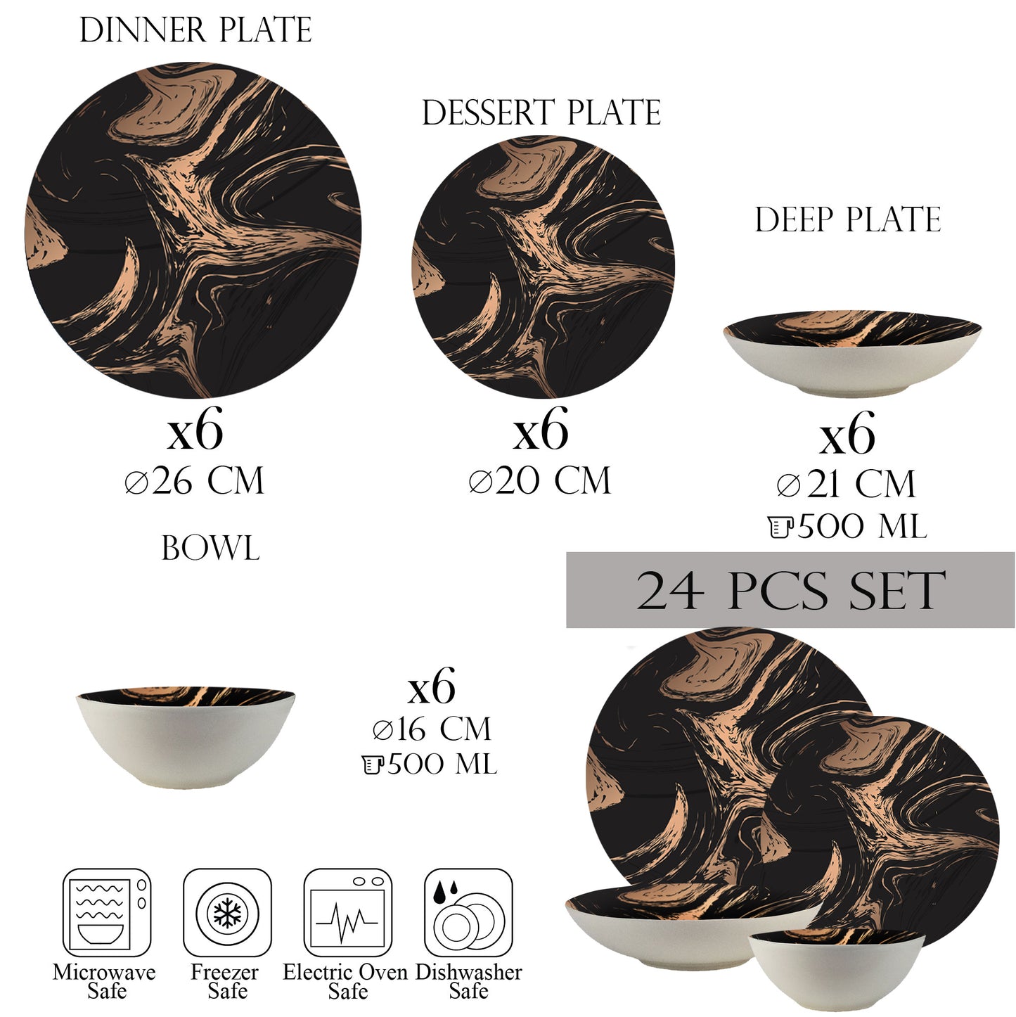 Plate set 24 pieces, 6 people - Bronze Marble Ensemble - Italian Porcelain Tableware Set