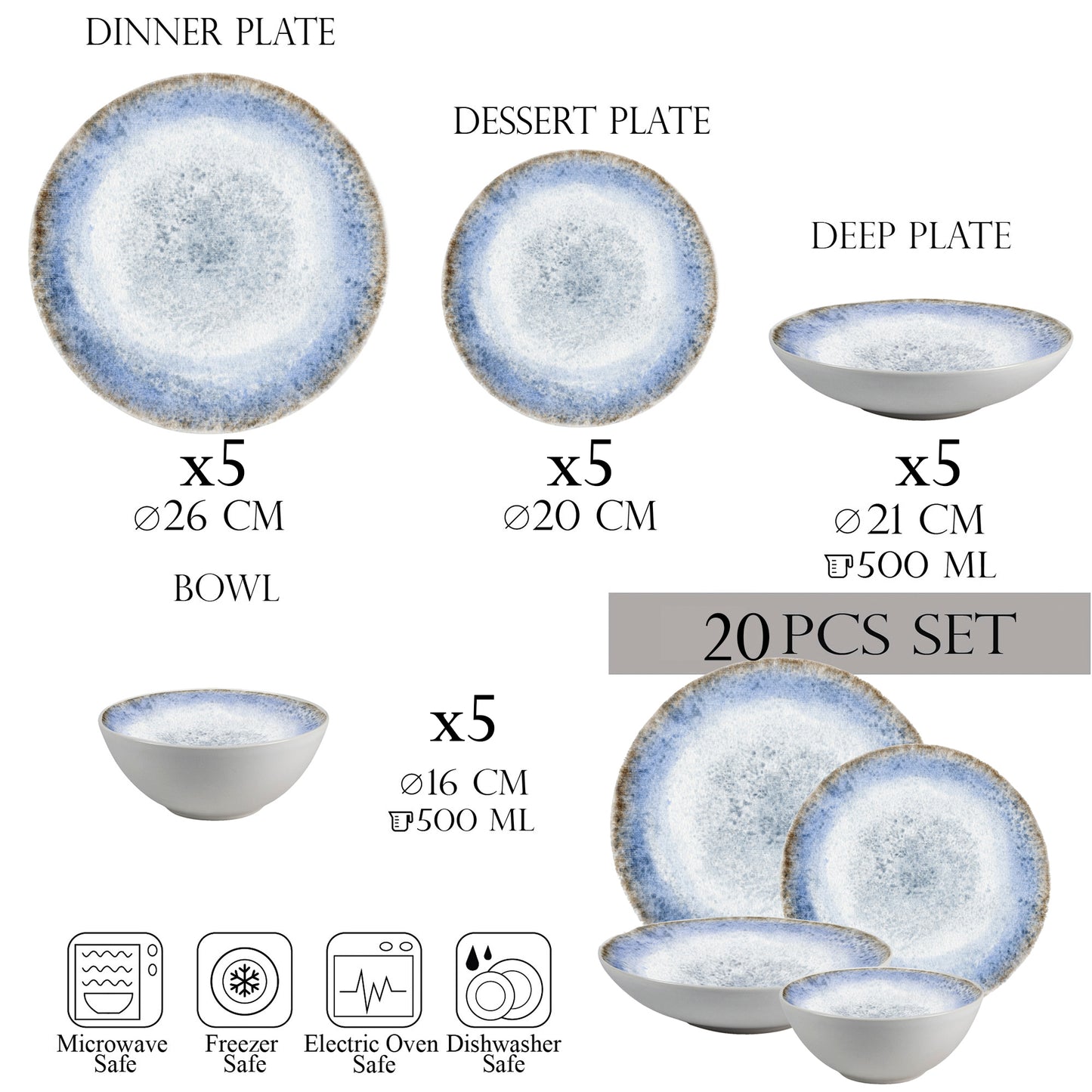 Plate set 20 pieces, 5 people - Ensemble Laguna di Lusso - Italian Porcelain Tableware Set