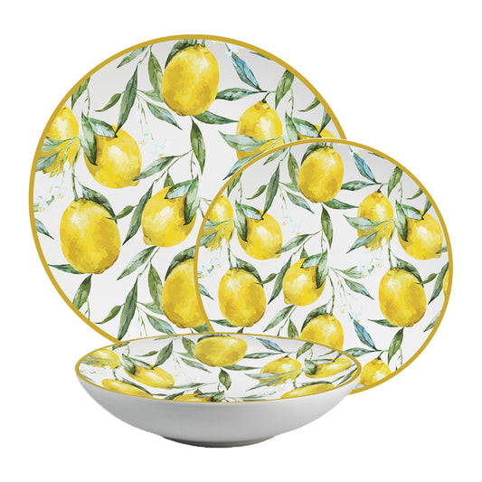 Tányérkészlet 18 részes, 6 személyes, mélytányér készlet - Limone di Lusso étkészlet - Olasz porcelán étkészlet