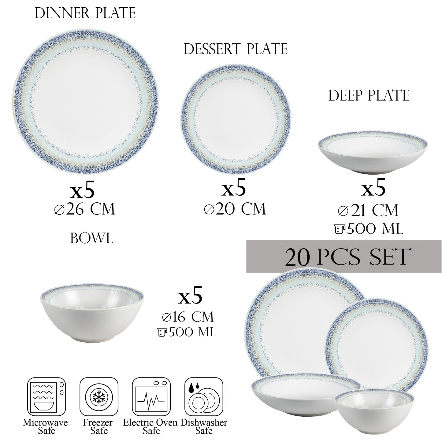 Juego de platos 20 piezas, 5 personas - Ensemble Bella Blu - Vajilla de Porcelana Italiana