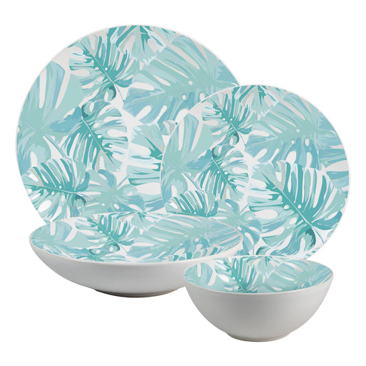 Plate set 16 pieces, 4 people - Insieme Foglie Turquoise - Italian Porcelain Tableware Set