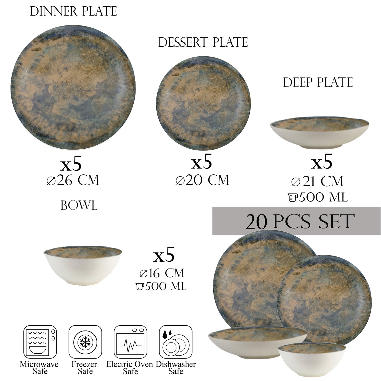 Plate set 20 pieces, 5 people - Ensemble Bronzo Elegante - Italian Porcelain Tableware Set