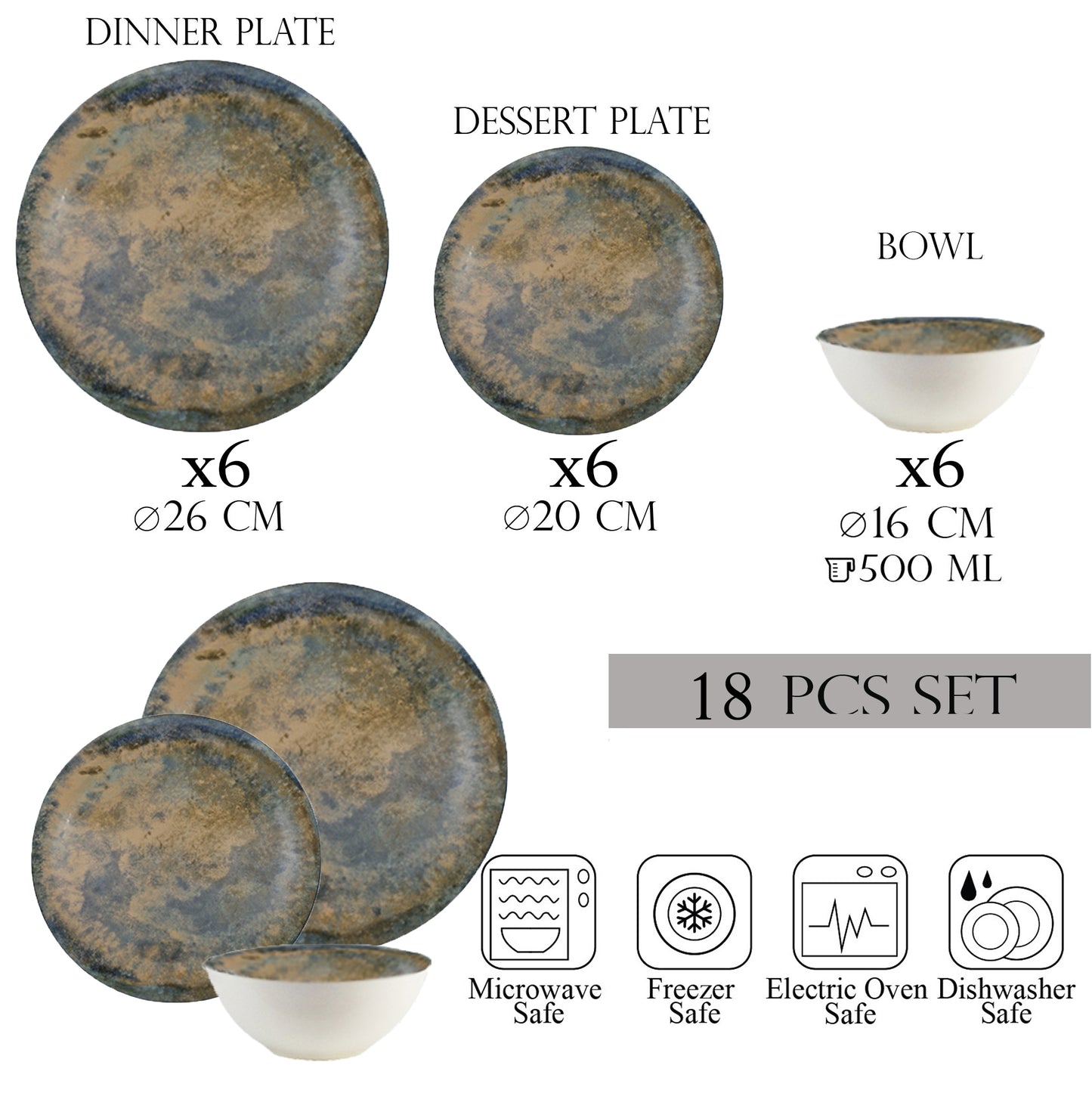 Plate set 18 pieces, 6 people, bowl set - Ensemble Bronzo Elegante - Italian Porcelain Tableware Set