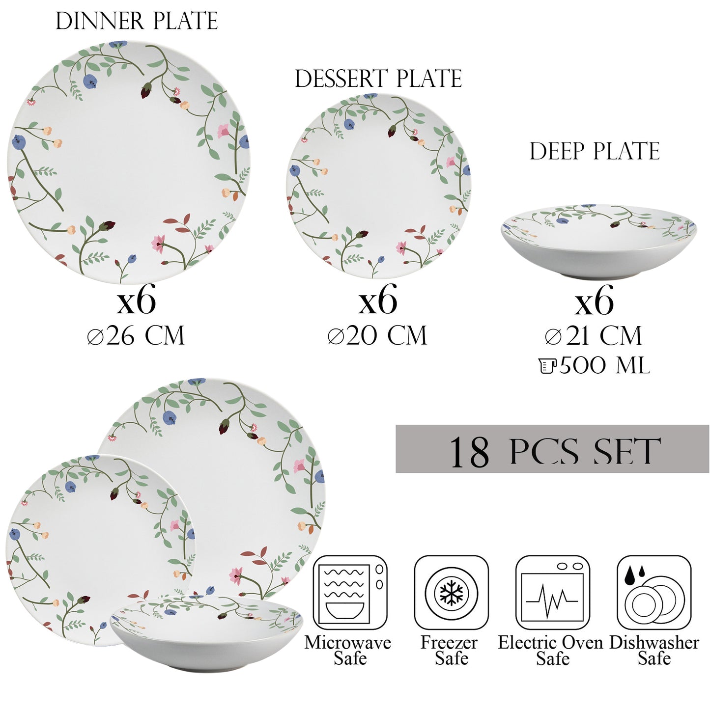 Plate set 18 pieces, 6 people, deep plate set - Insieme Fiori Eleganti - Italian Porcelain Tableware Set