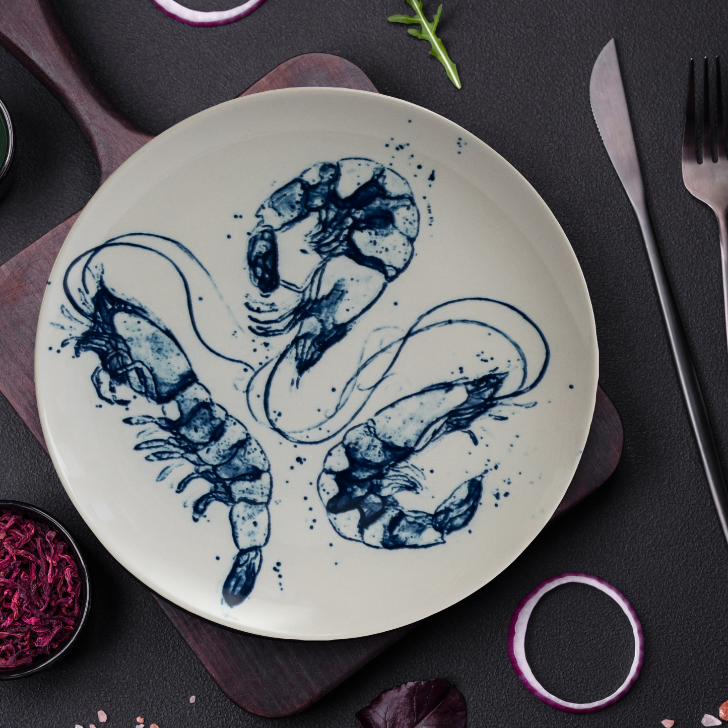 Plate set 18 pieces, for 6 people, Navy blue, Cesiro, White with shrimps