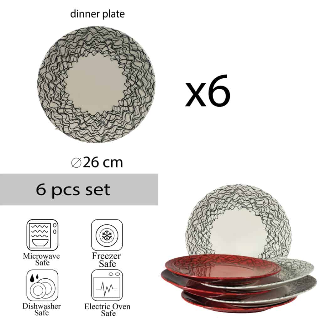 Комплект от 6 плоски чинии, 26 см кремаво/червено с извити линии
