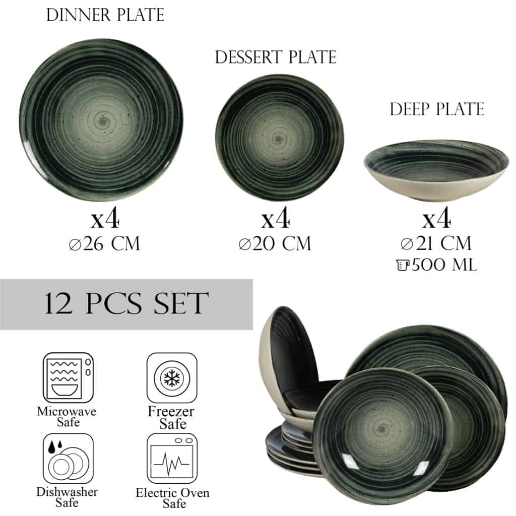 Plate set 12 pieces, for 4 people, Whirlwind, Cesiro, White Ivoire with black