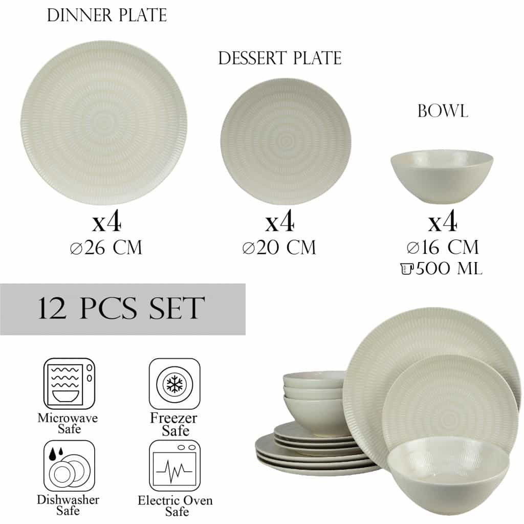 Plate set 12 pieces, for 4 people, Ivory, Cesiro, White Ivoire with lines