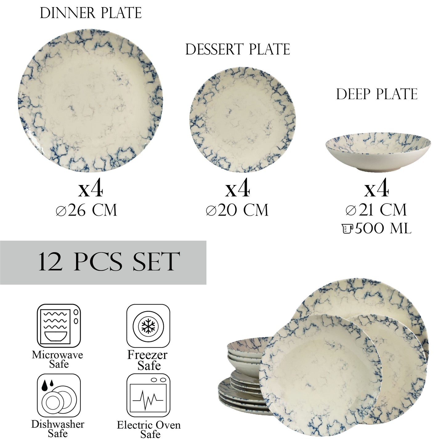 Plate set 12 pieces, for 4 people, Marble, Cesiro, Ivory white with blue