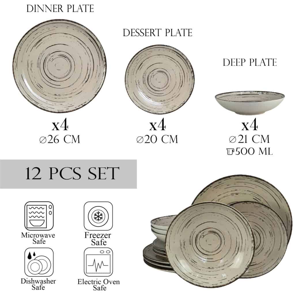 Plate set 12 pieces, for 4 people, Stone, Cesiro, White Ivoire with black