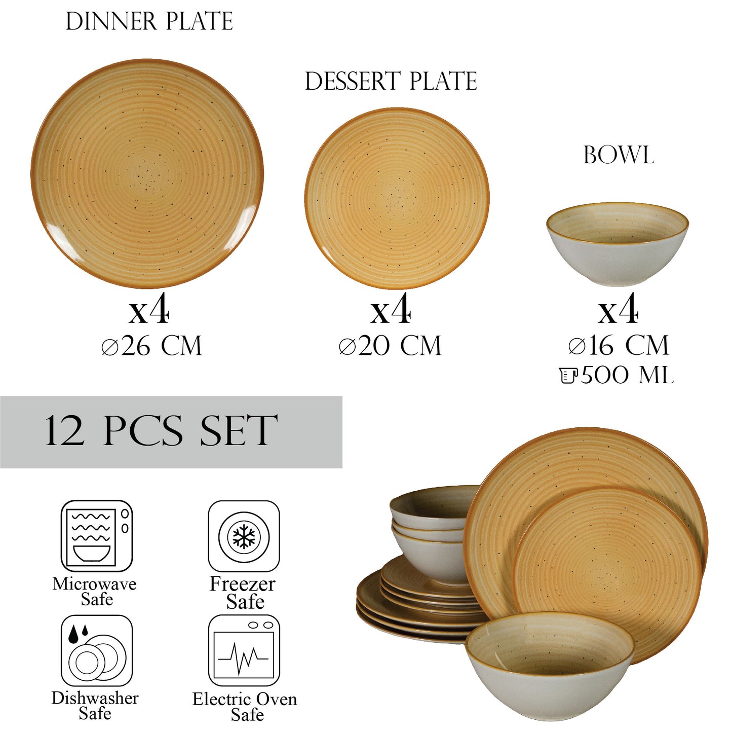 Plate set 12 pieces, for 4 people, Sundown, Cesiro, White Ivoire glossy with yellow