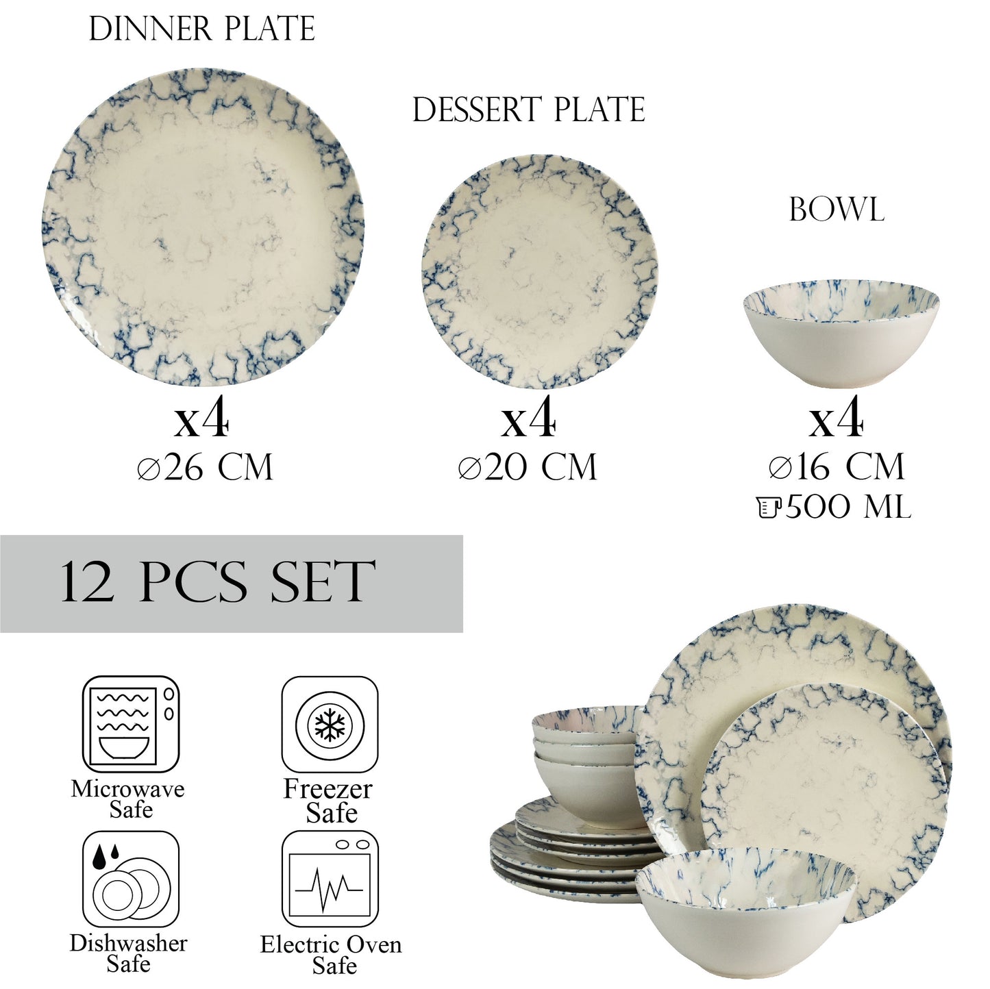 Plate set 12 pieces, for 4 people, Marble, Cesiro, White Ivoire glossy with blue