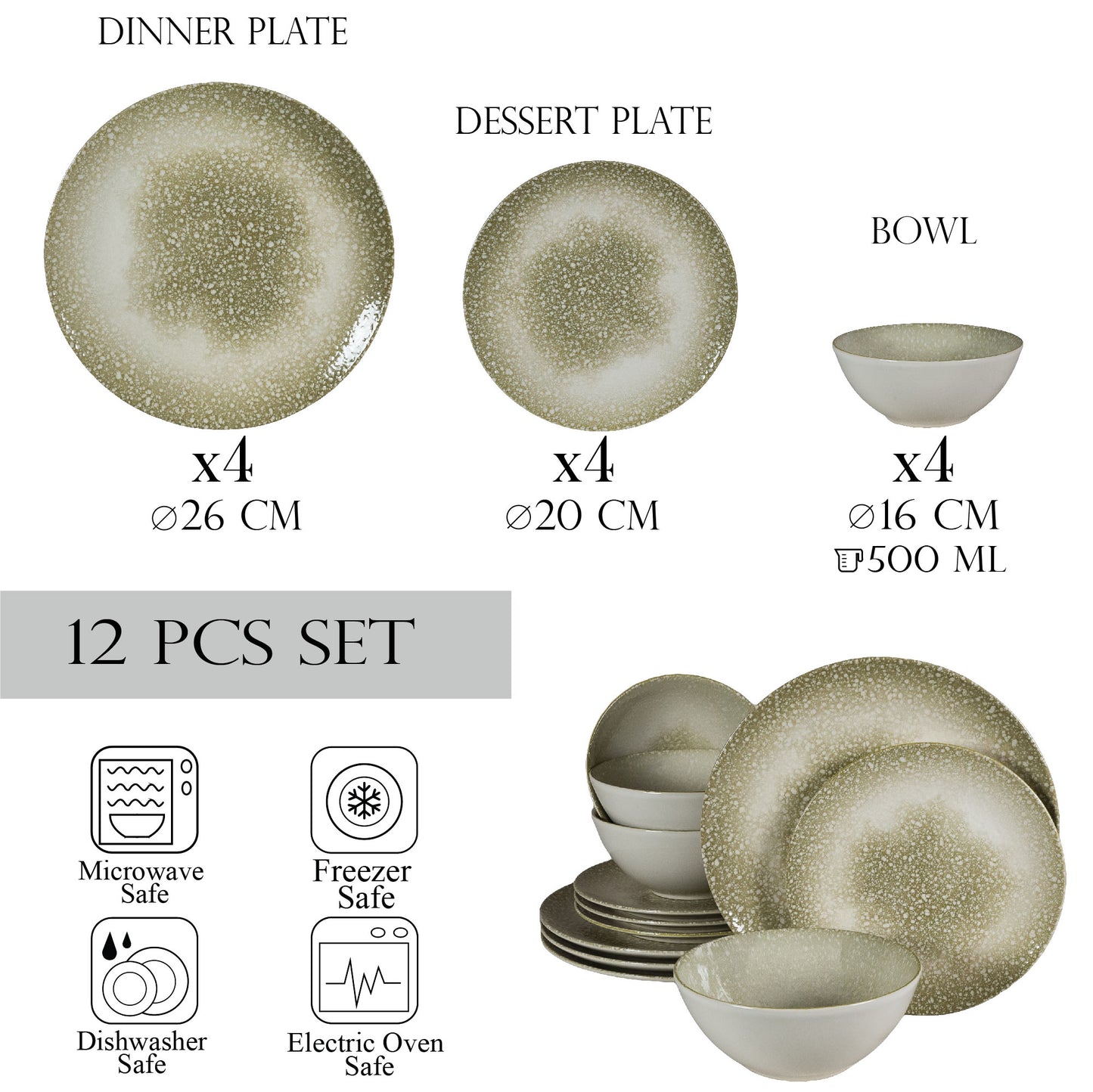 Plate set 12 pieces, for 4 people, Silver, Cesiro, White Ivoire glossy with gray