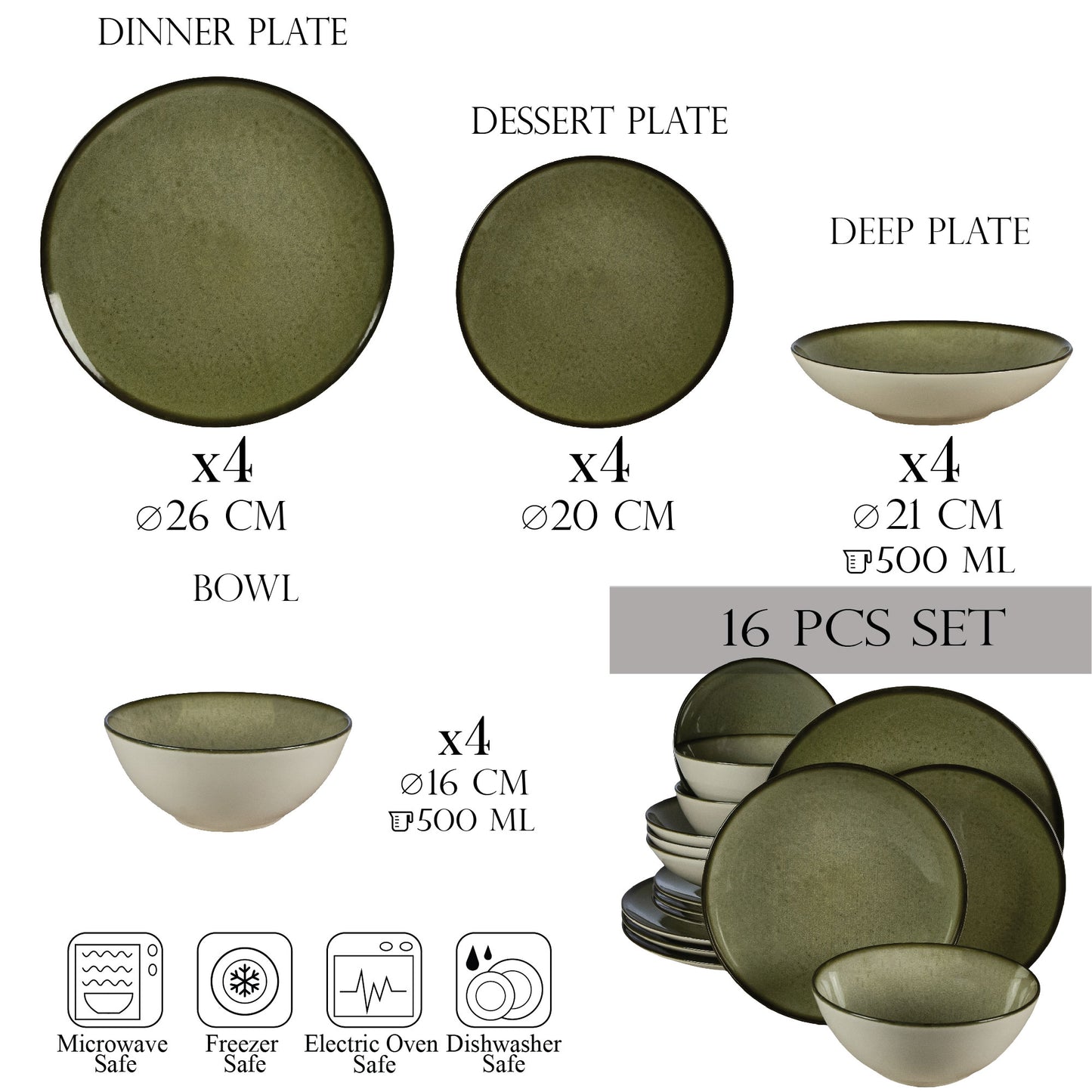 Tellerset 16-teilig, für 4 Personen, Earth Green, Cesiro, White Ivoire mit Grün