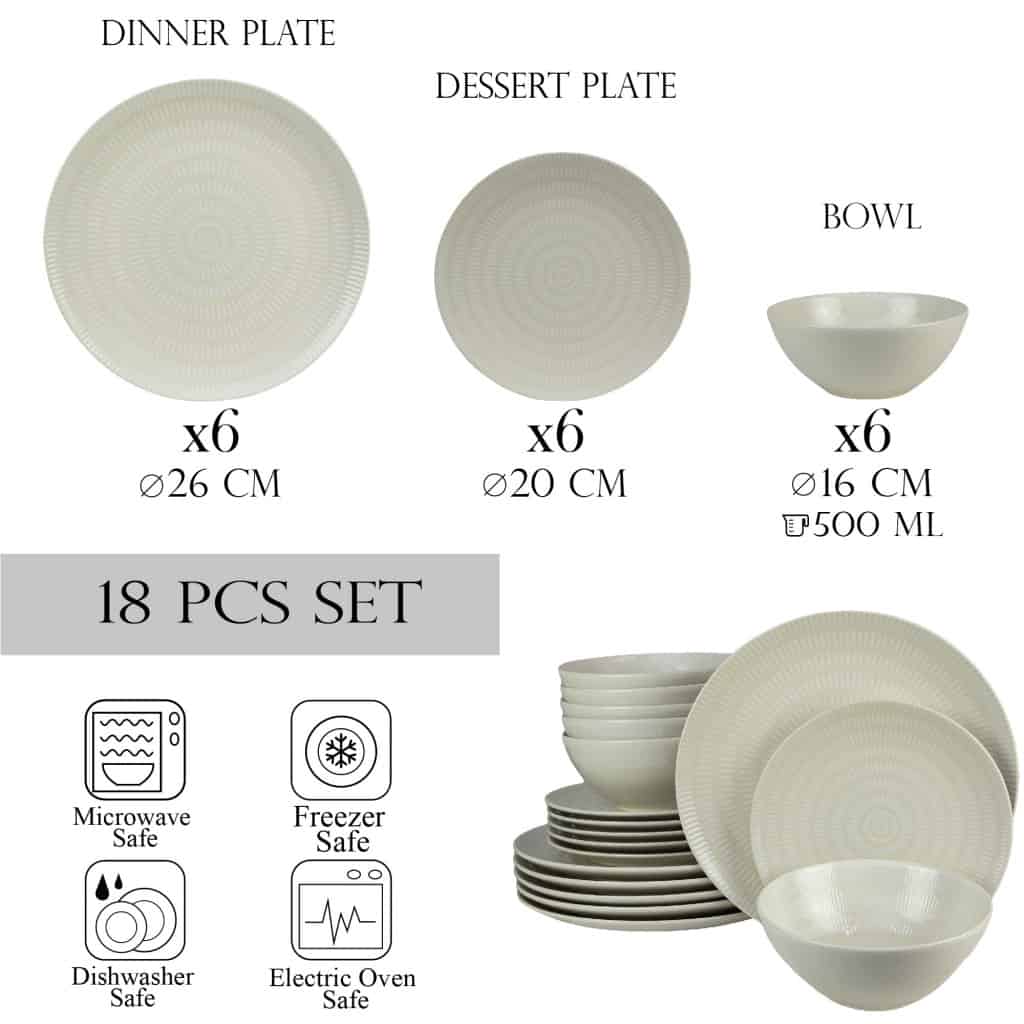 Plate set 18 pieces, for 6 people, Ivory, Cesiro, White Ivoire glossy with lines