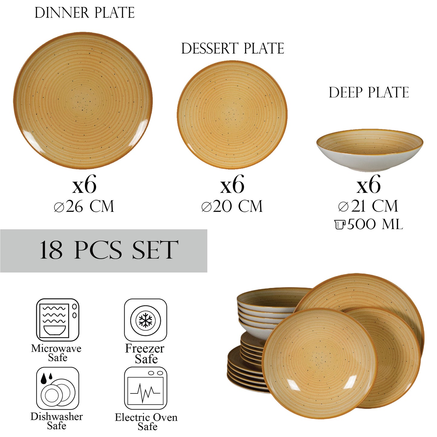 Juego de platos 18 piezas, para 6 personas, Sundown, Cesiro, Blanco Marfil con amarillo