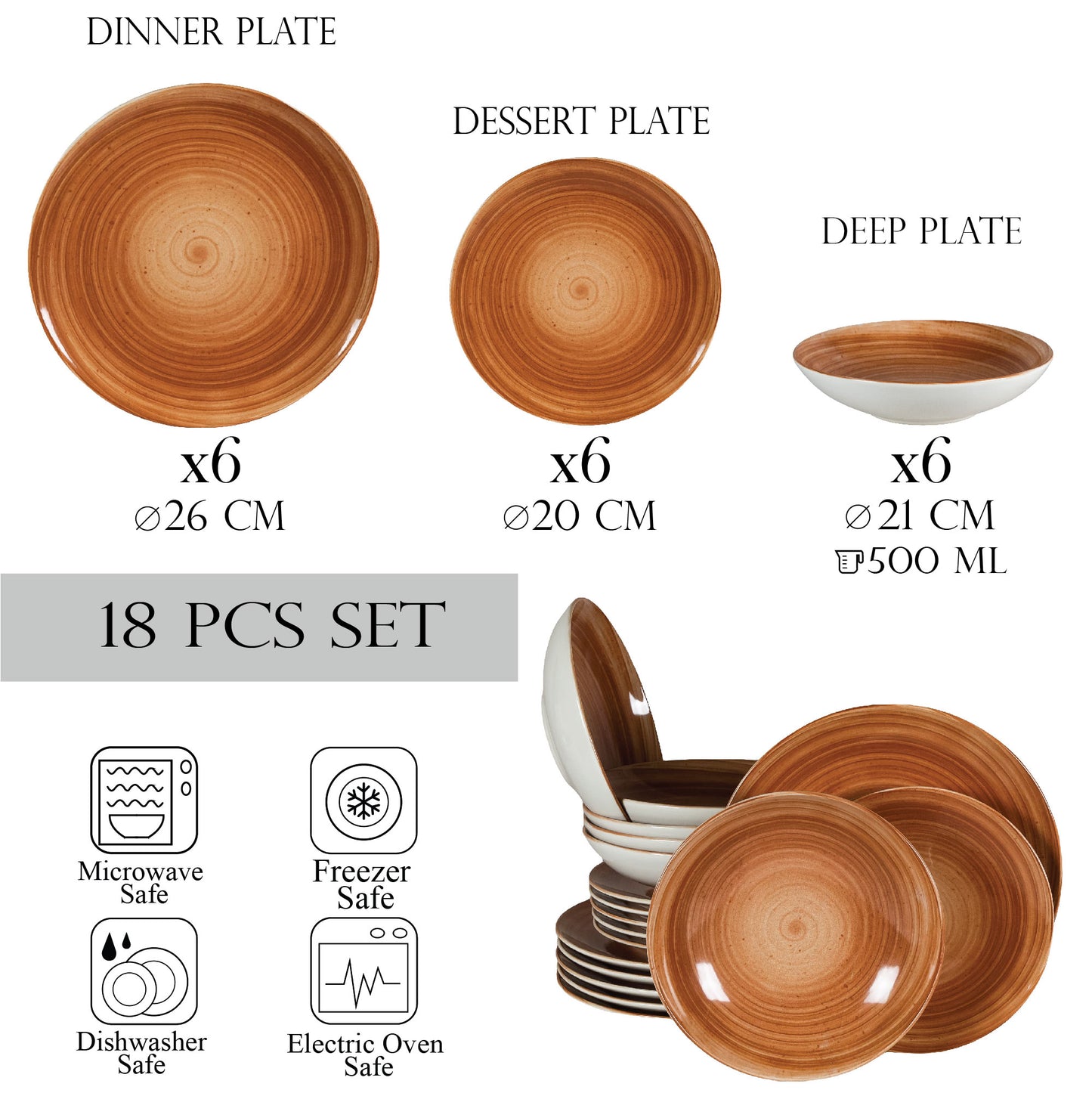 Plate set 18 pieces, for 6 people, Earth, Cesiro, White Ivoire with brown