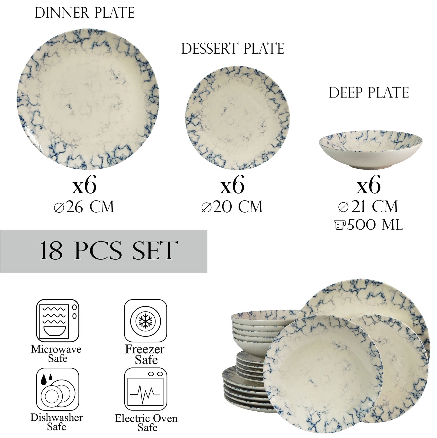 Tellerset 18-teilig, für 6 Personen, Marmor, Cesiro, Elfenbeinweiß mit Blau