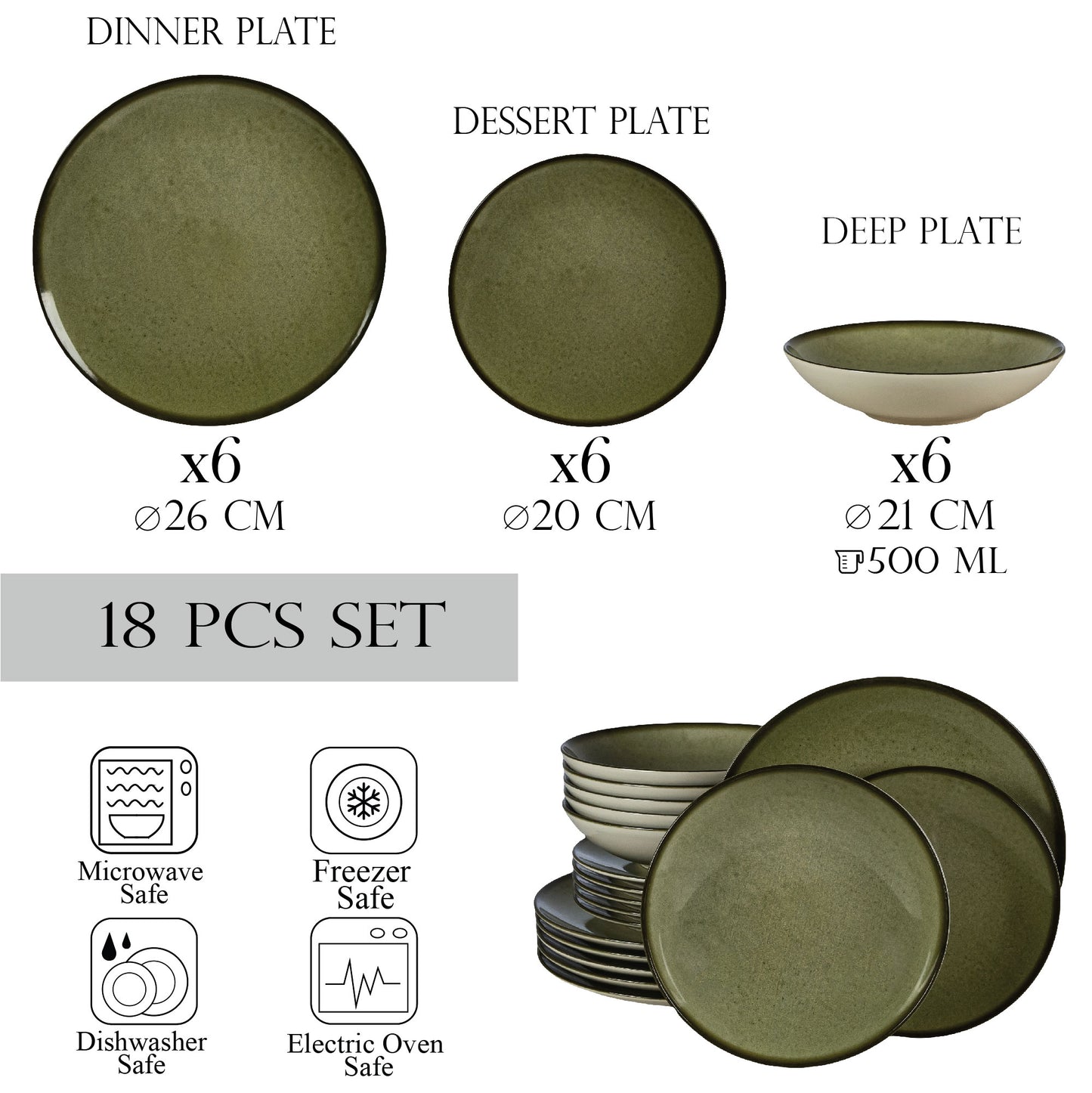 Tellerset 18-teilig, für 6 Personen, Earth Green, Cesiro, White Ivoire mit Grün