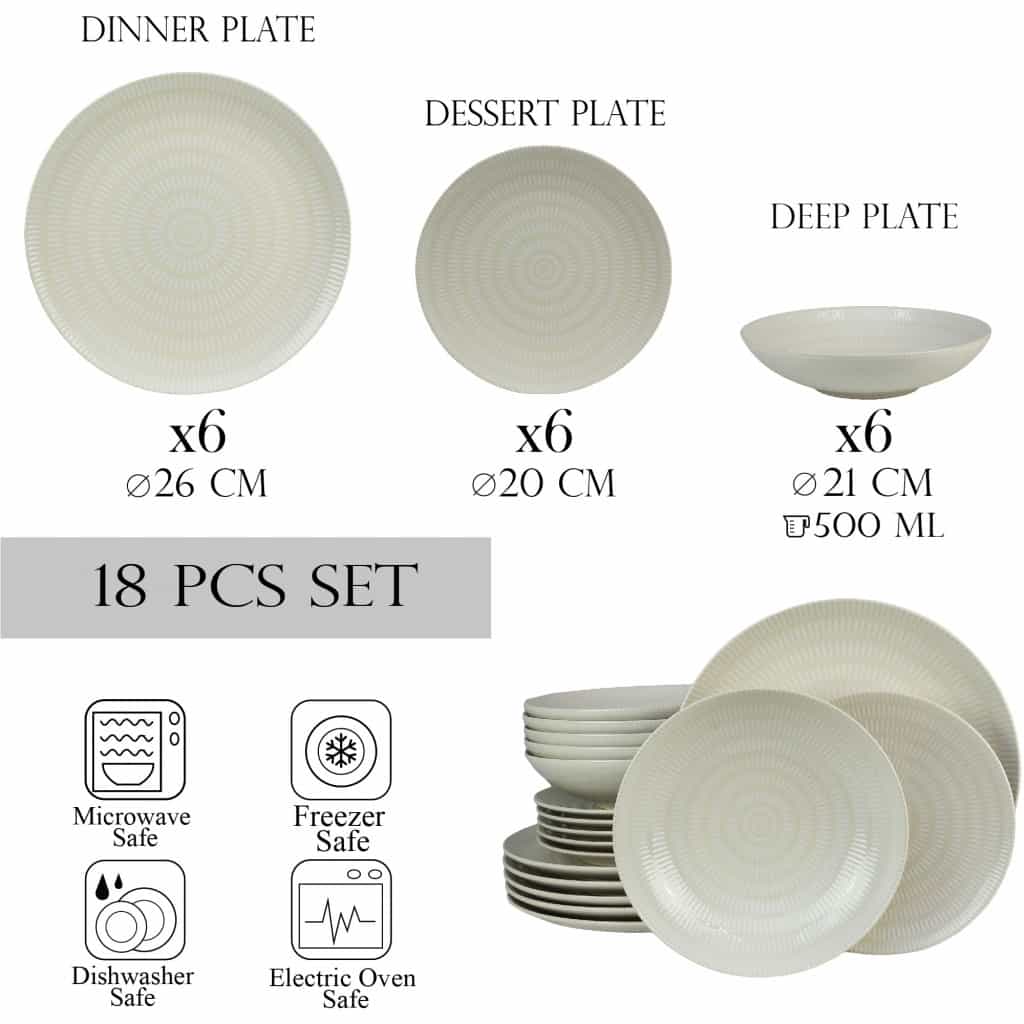Tellerset 18-teilig, für 6 Personen, Elfenbein, Cesiro, Weißes Elfenbein mit Linien