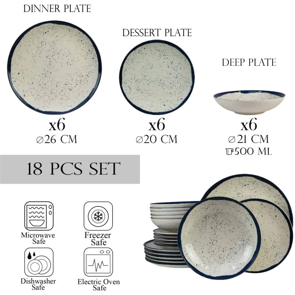 Tellerset 18-teilig, für 6 Personen, Anker, Cesiro, Creme mit Rand und blauen Punkten