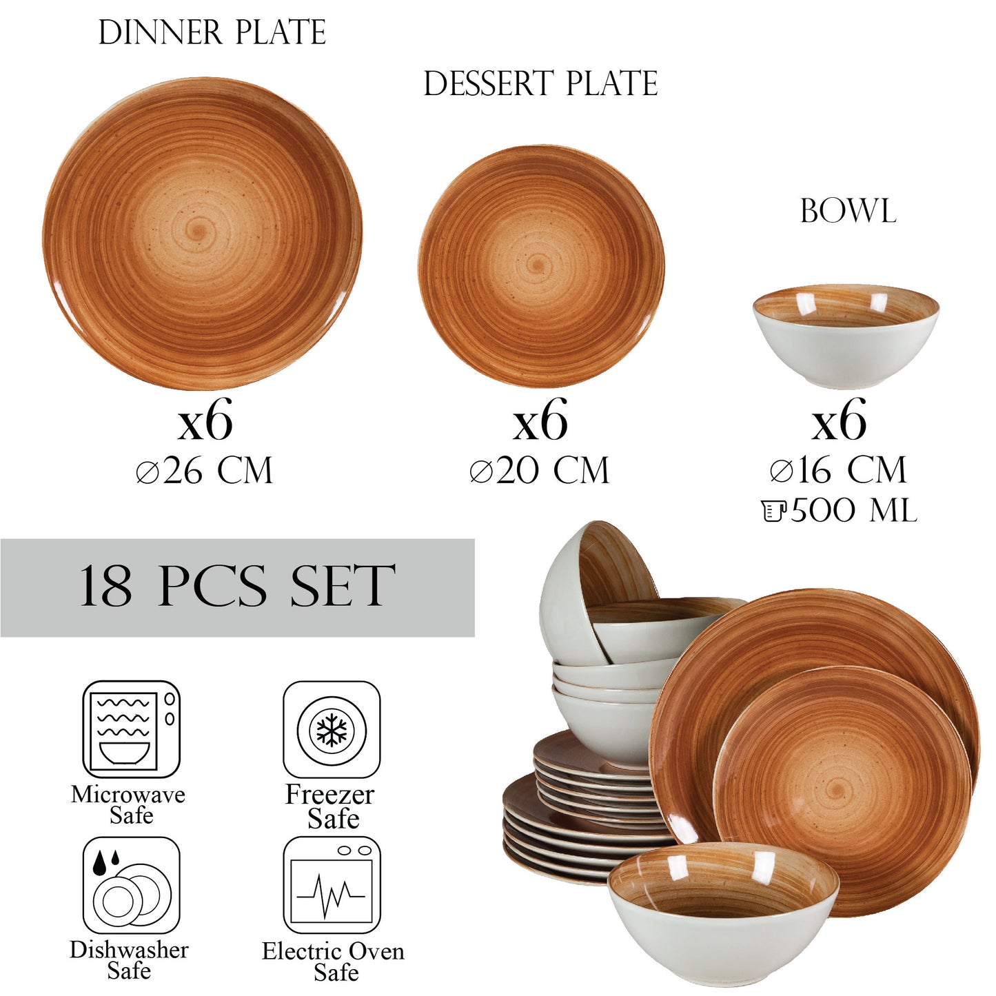 Tellerset 18-teilig, für 6 Personen, Erde, Cesiro, Weiß Elfenbein glänzend mit Braun