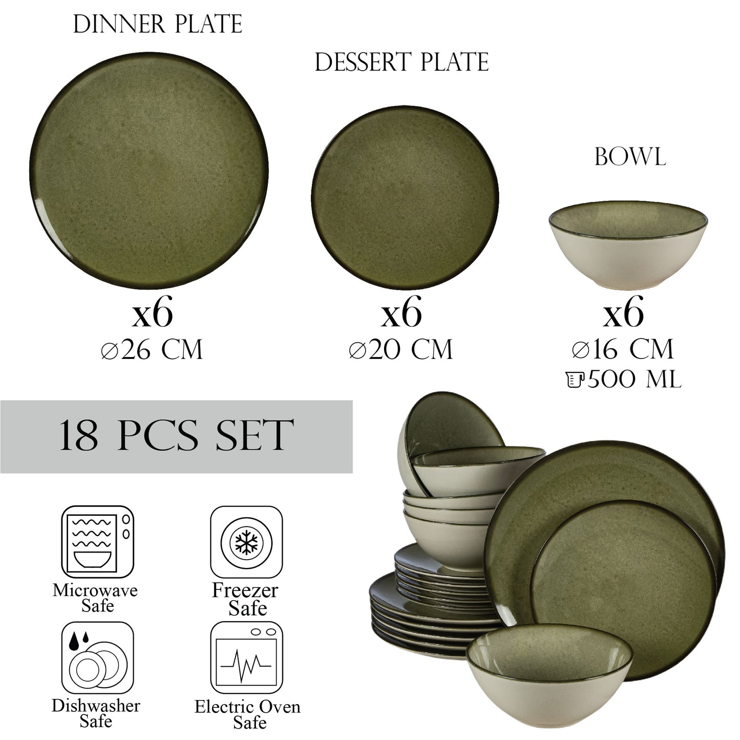 Set farfurii 18 piese, pentru 6 persoane, Earth Green, Cesiro, Alb Ivoire lucios cu verde